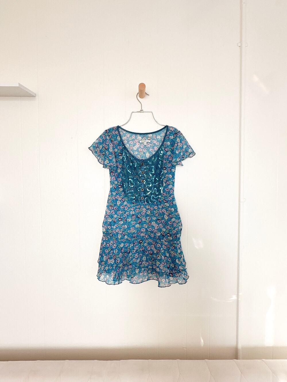 Vintage Y2K Charlotte Russe Floral Sequin Mesh Tiered Fairycore Tunic Dress XS